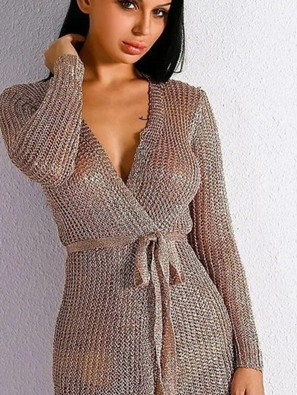 Knit Wrap Dress - Metallic Beige